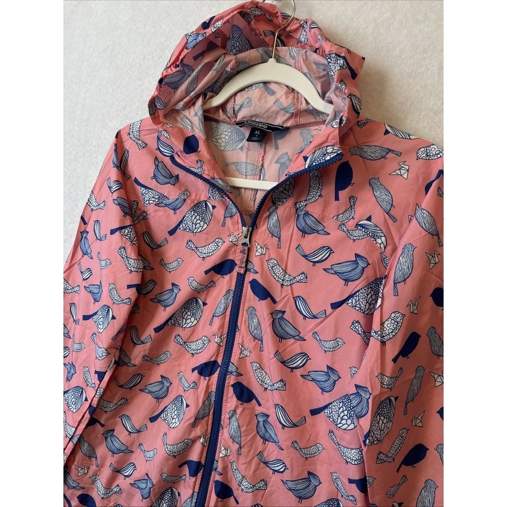 Lands' End Bird Pink Lightweight Hooded Windbreaker Packable Jacket‎ Kids XL